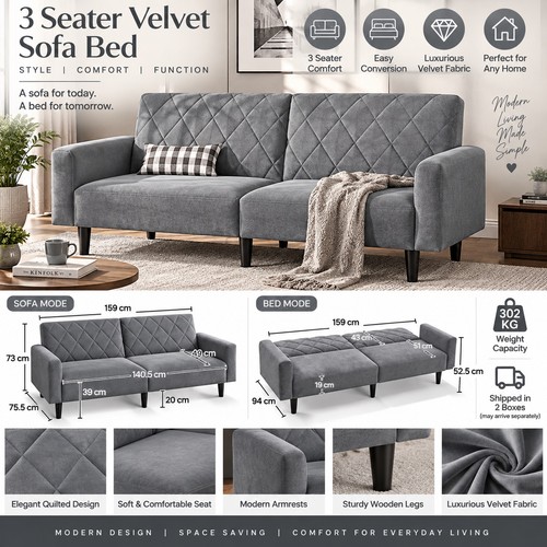 Grey velvet sofa - grey, seater
