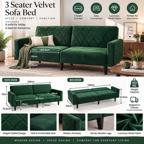 Green velvet sofa - green, seater